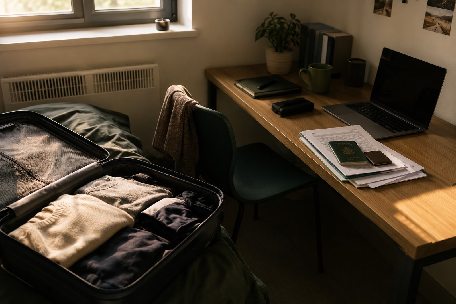 An open suitcase and travel documents in a student dorm room, representing the early days of moving abroad for a master's programme