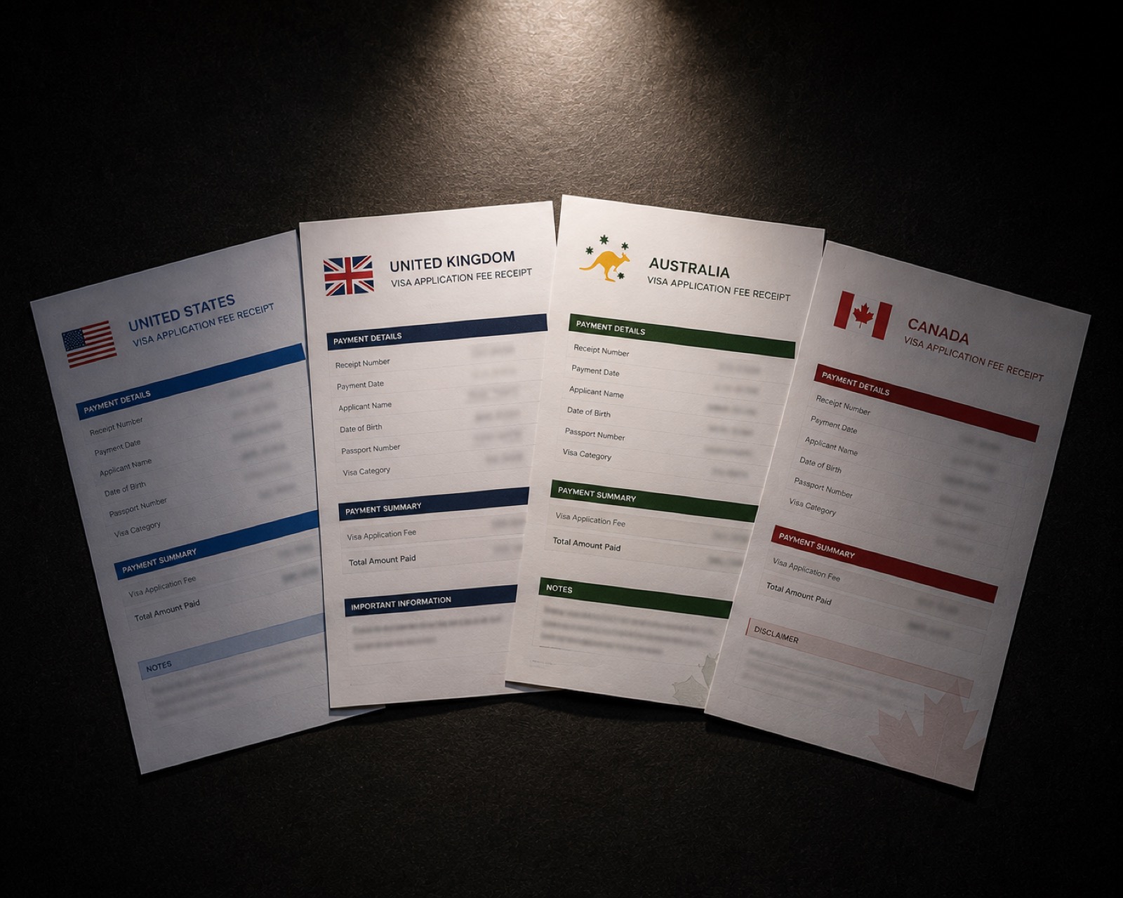 Four visa application receipts from different countries fanned out on a desk