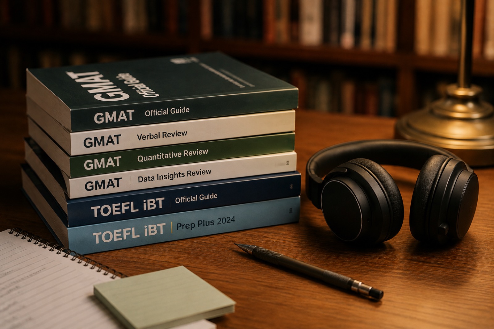 GMAT and TOEFL study guides stacked on a desk beside a laptop and noise-cancelling headphones