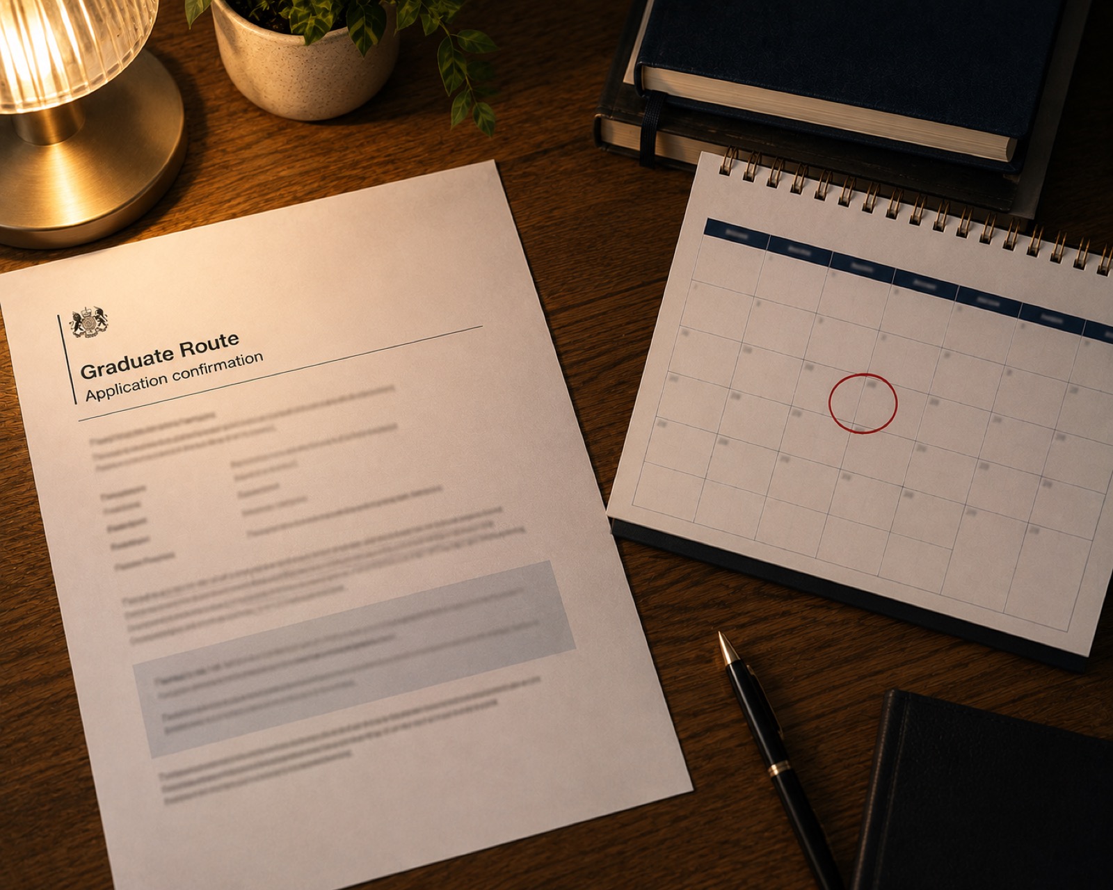 A UK Graduate Route visa confirmation letter beside a calendar marking an application deadline