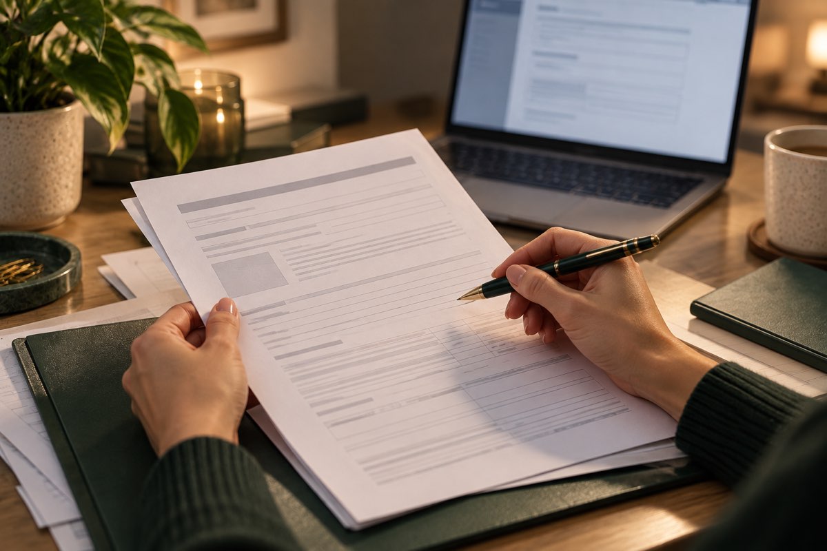 Hands reviewing an official document with a laptop glowing softly in the background