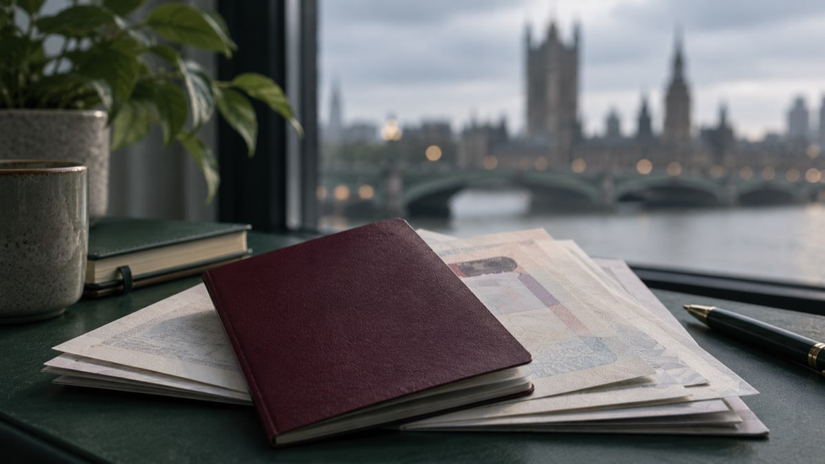 A burgundy passport and official documents on a desk overlooking the London skyline
