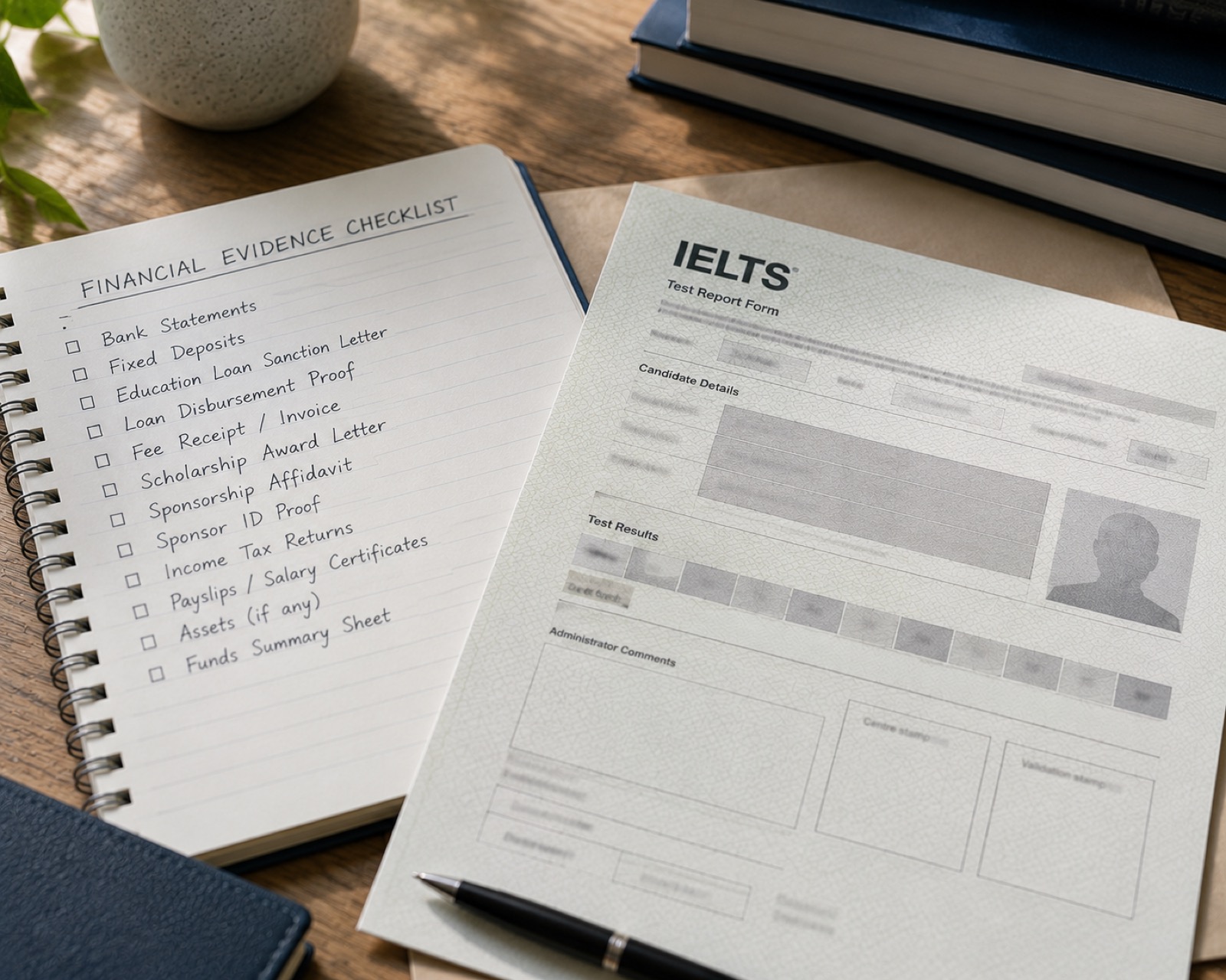 An IELTS test result slip beside a UK Student Route financial evidence checklist