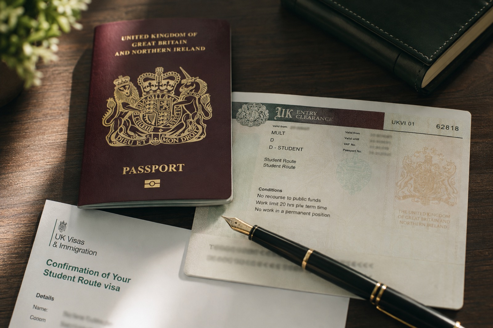 Official UK visa documents and passport, representing the Student Route visa application