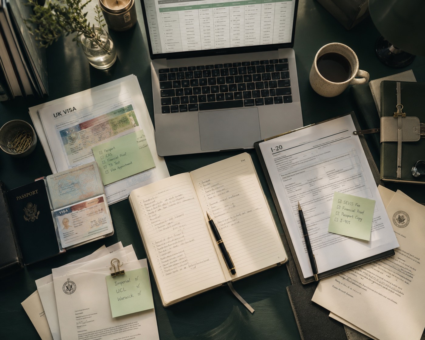 Flat lay of passports, UK visa and US I-20 documents, university acceptance letters, and a laptop comparison spreadsheet, representing the masters abroad application process