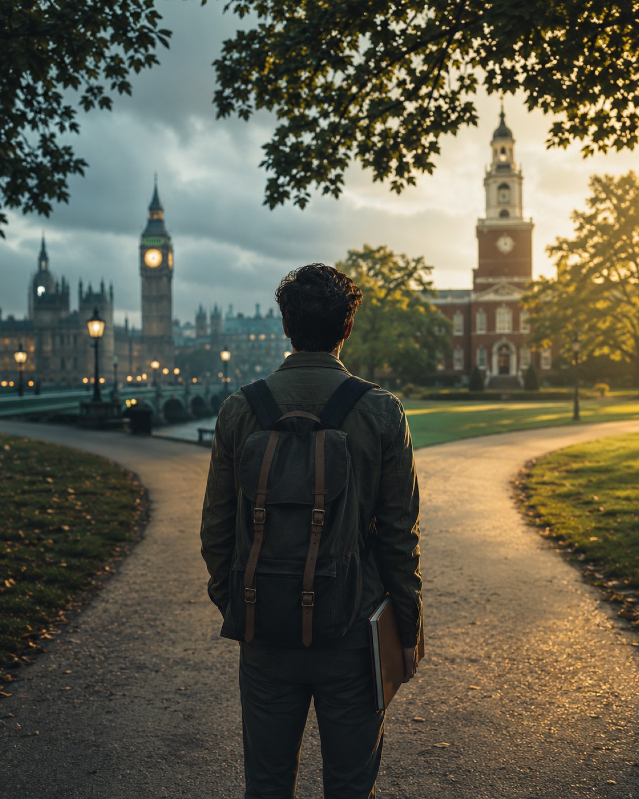 International student standing at a crossroads between London's Big Ben and an American university campus, symbolising the UK vs US master's decision