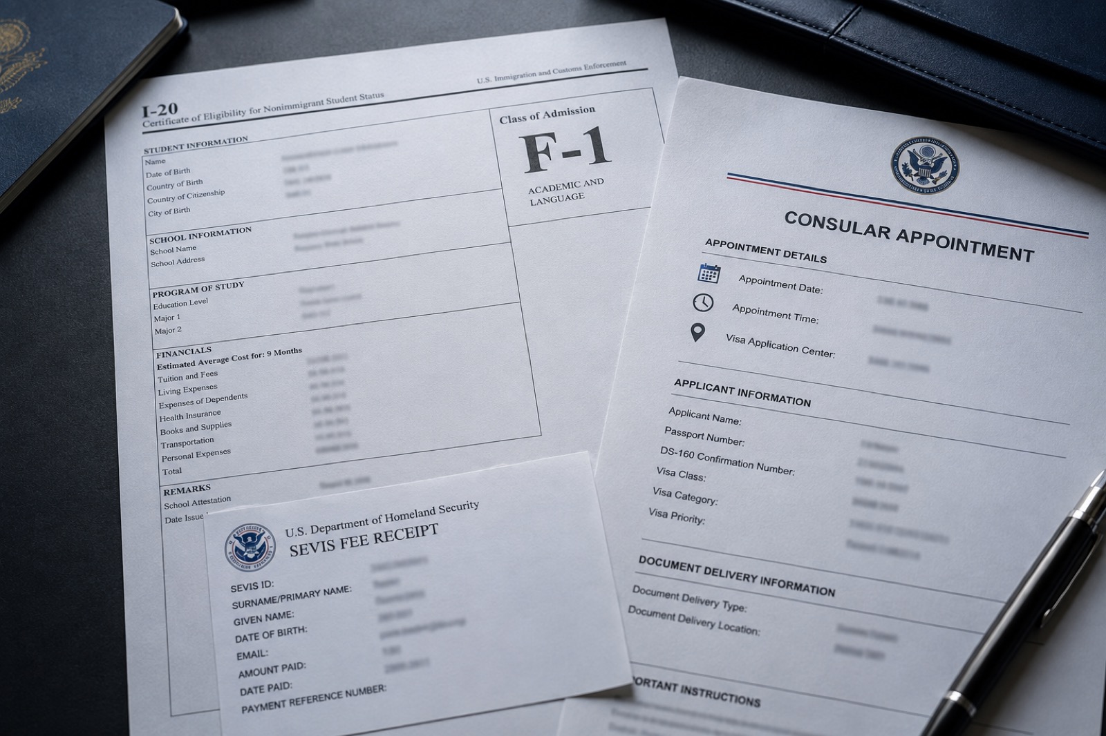 An I-20 form and SEVIS fee receipt beside a US consular interview appointment letter