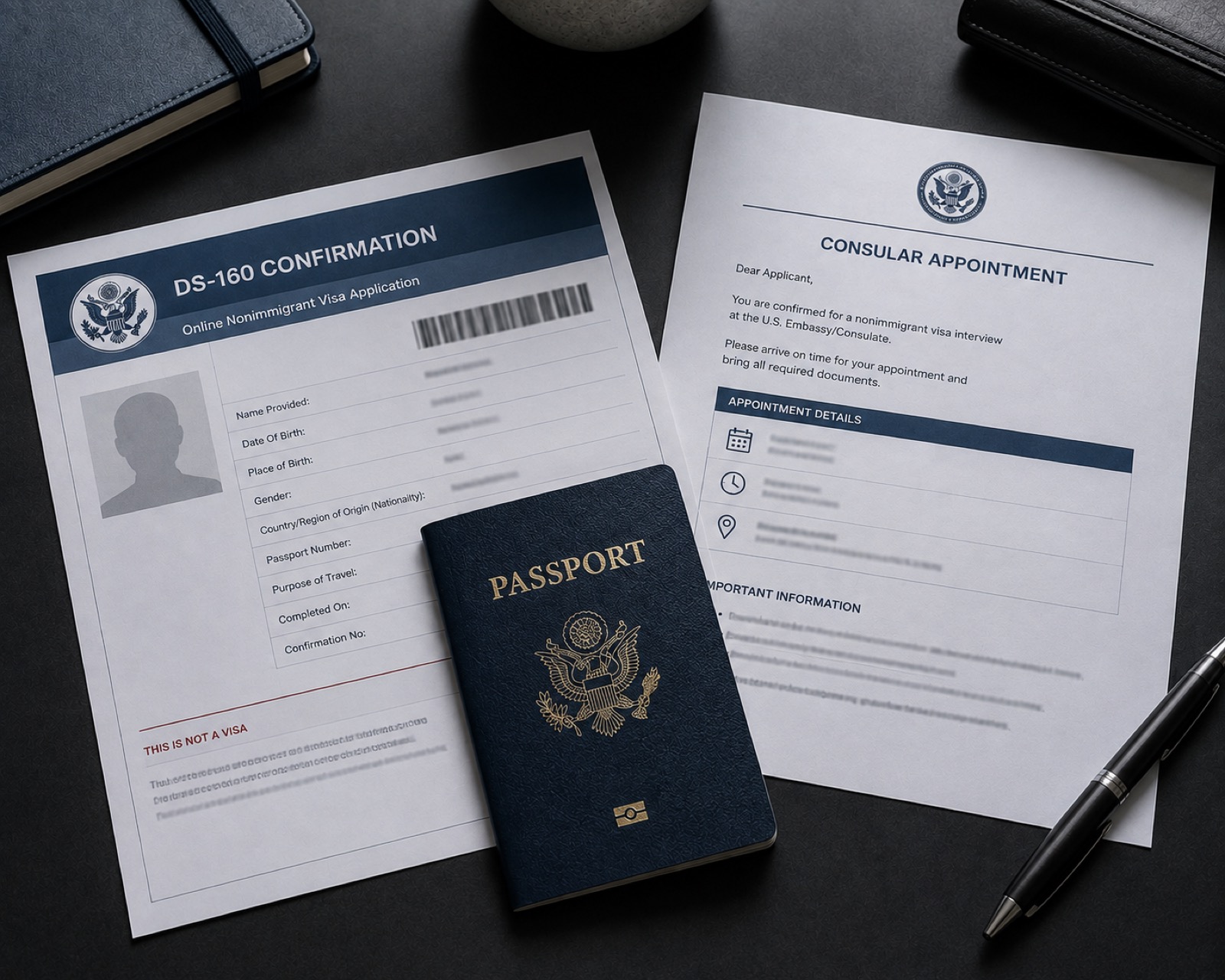A DS-160 confirmation printout and passport on a desk beside a consular appointment letter