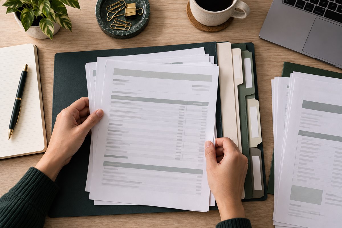 Hands carefully organizing a folder of financial documents into labeled sections