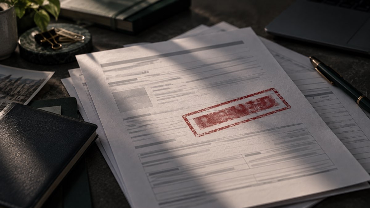 A stack of visa application documents in dramatic light with a red rejection-style stamp mark on top