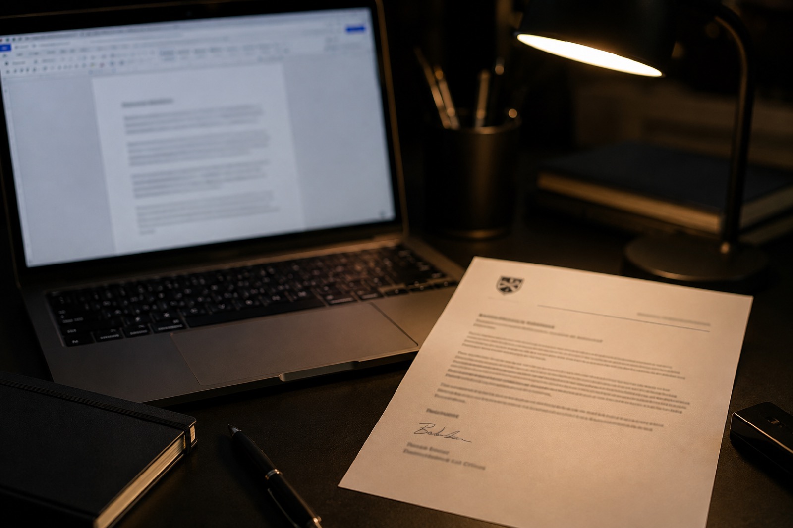 A draft letter of continued interest on a laptop screen beside a university waitlist notification